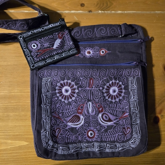 Purple Bird Embroidered Crossbody Bag with Matching Wallet - Picture 8 of 8